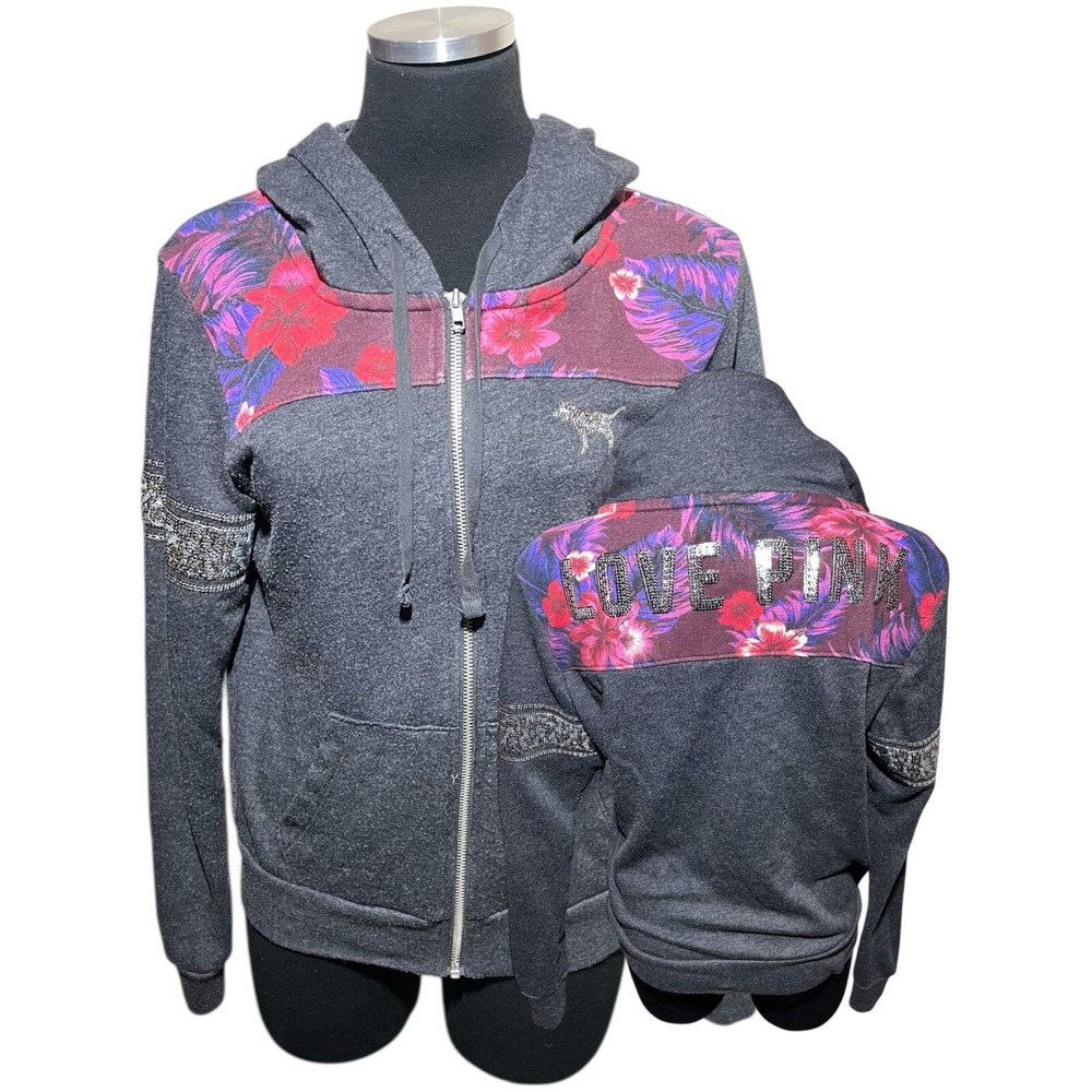 Victoria's Secret Love Pink Hoodie Zip Floral Sequin Dog Bling Lightweight Gray